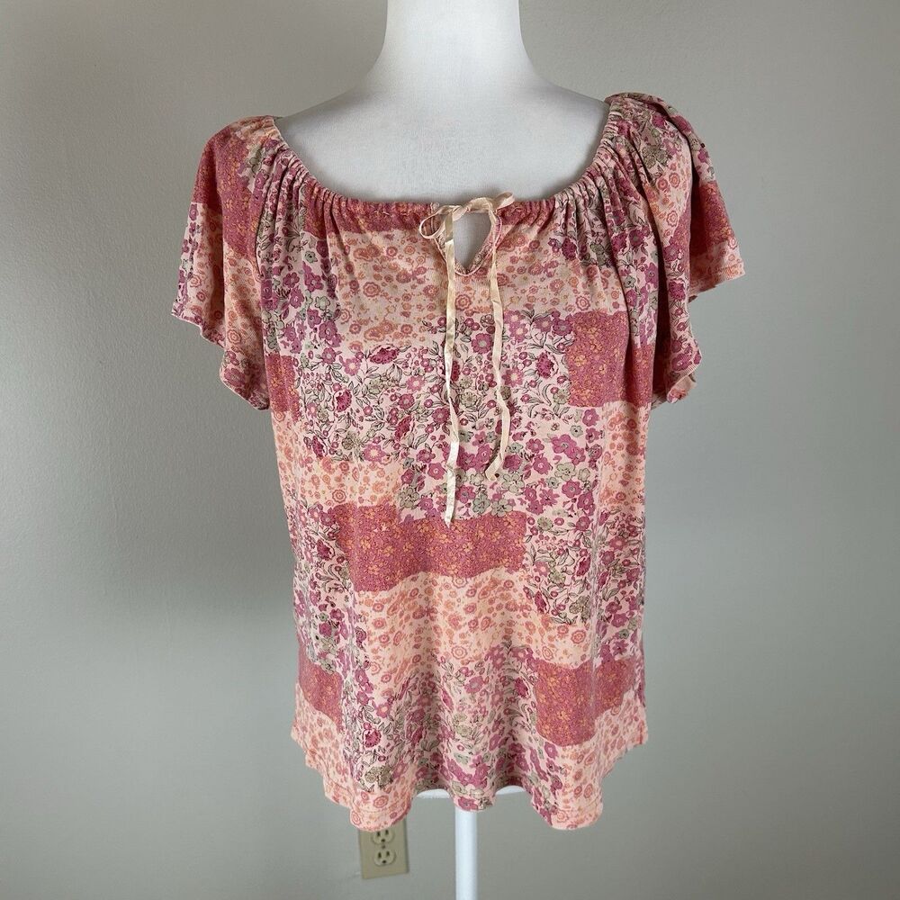 XL Patchwork Top Cottagecore Prairie Peasant Blouse Pink Floral Multi Print Bow
